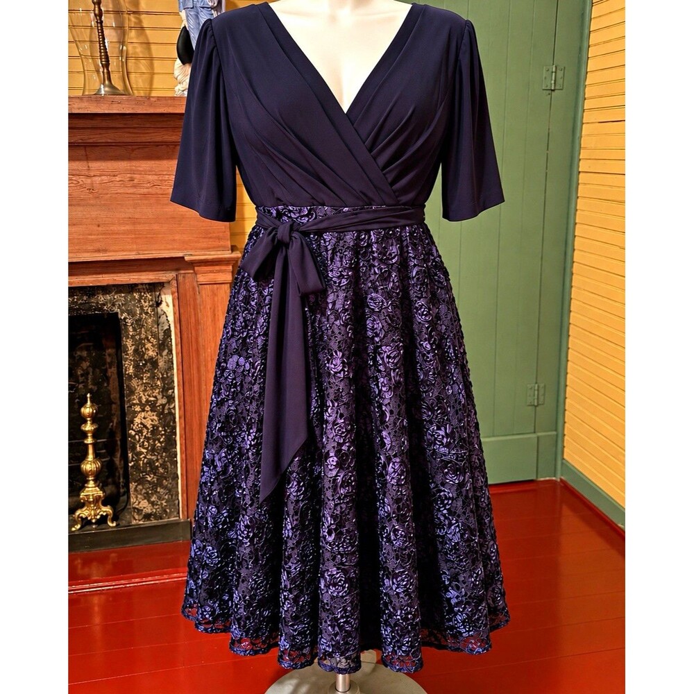 Alex Evenings Size 14 Navy Rosette Lace Midi Dress NWT $219 Formal Wedding